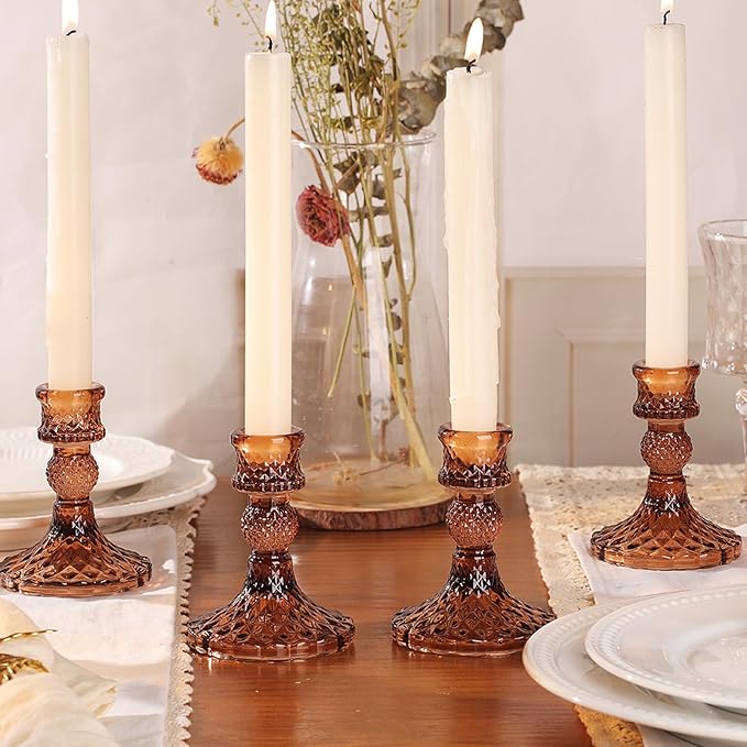 12Pcs Amber Candlestick Holders Set- 4" H Taper Candle Holders Bulk, Glass Candle Holders for Wedding, Party, Fall Dinner Table Centerpieces, Festival Gifts & Windowsill Decor-Ruum Studio Home