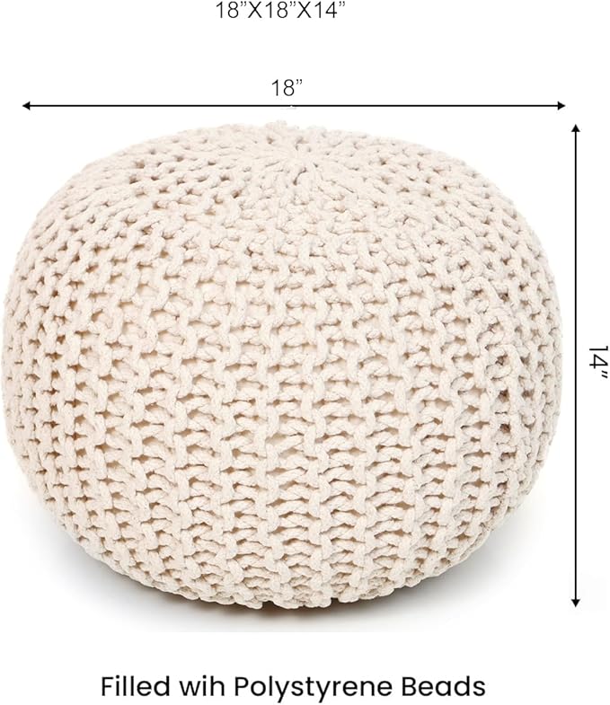 REDEARTH Round Pouf Ottoman –18"x18"x14" Hand-Knitted Cotton Pouffe –Cable Footstool –Boho Dori Hassock –Pre-Stuffed Poof – Extra Seat -Poofy Footrest for Living Room, Bedroom, Nursery, Nook –Ivory-Ruum Studio Home