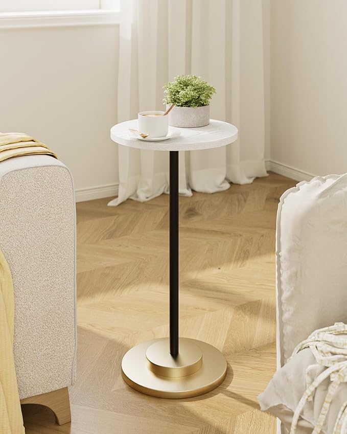 Masupu Drink Table, Round Side Table for Small Spaces, Pedestal Side Table, Small End Table with Metal Base, for Living Room, Bedroom, Bathroom, White-Ruum Studio Home