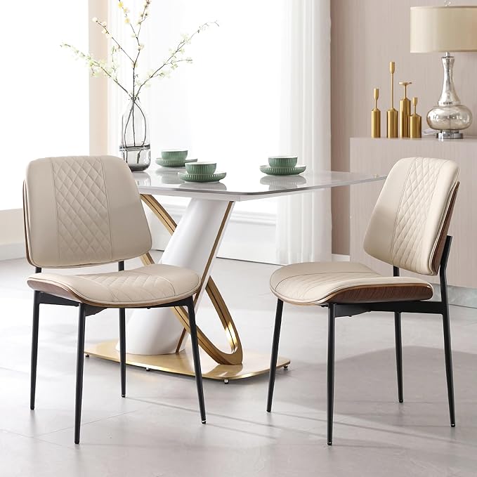 BV Dining Chairs Set of 2, PU Leather Armless Kitchen Chair in Modern Walnut Style, Mid Century Bentwood Side Chair with Metal Legs, Retro Accent Guest Chair for Kitchen Dining Room(Beige)-Ruum Studio Home