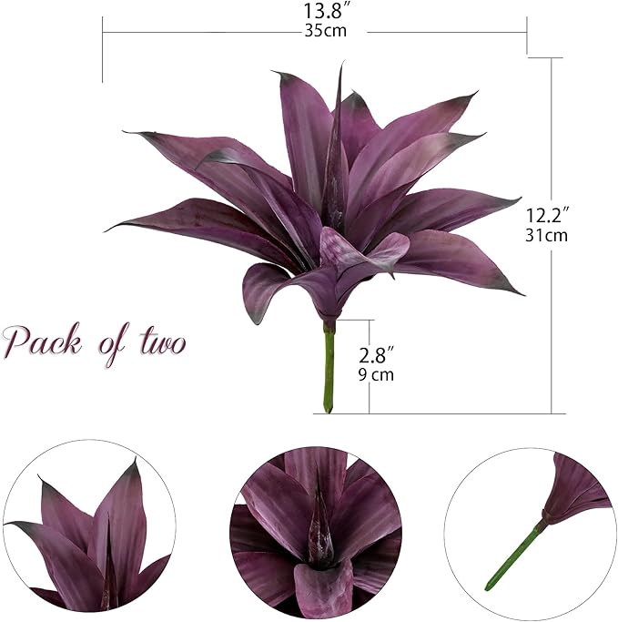 Fake Plants Artificial Agave Plants Indoor，UV Resistant Fake Agave Planters Outdoor Decorating Artificial Plants for Outdoors Decor Agave (2Pack,12.6'Purple) Spring Decorations for Home-Ruum Studio Home