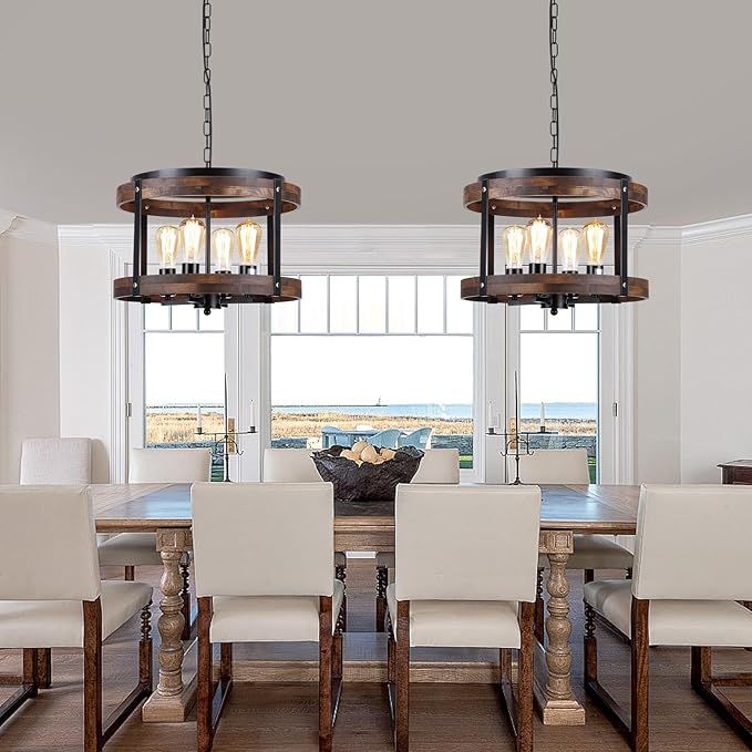 4-Light Large Rustic Farmhouse Wood Pendant Light Fixture with Adjustable Chain, 16.5 inch Oak Wood Drum Chandelier for Dining Room Kitchen Island Farmhouse Living Room Hallway, Black-Ruum Studio Home
