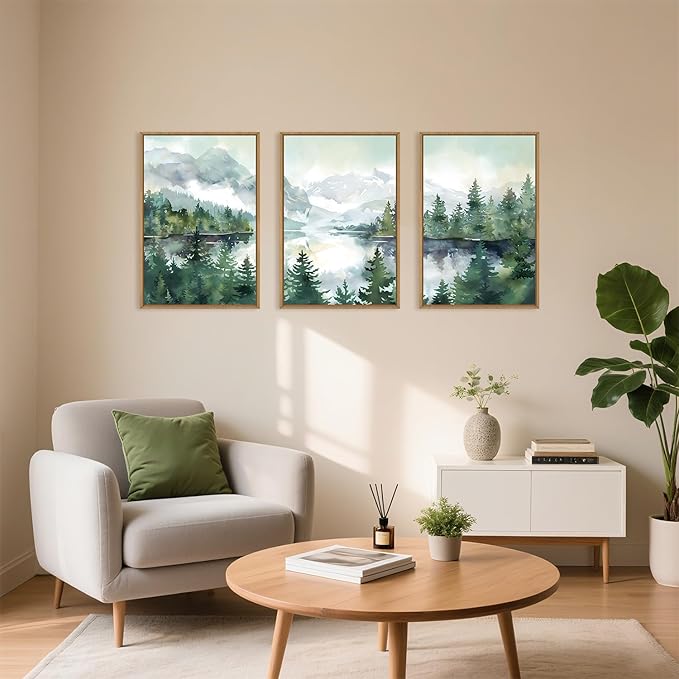 Watercolor Mountain Framed Canvas Wall Art Set, Boho Forest Wall Decor, Nature Green Pines Wall Painting, Forest Wilderness Artwork for Living Room, Bedroom, Dining Room, Office - 16"x24"x3-Ruum Studio Home