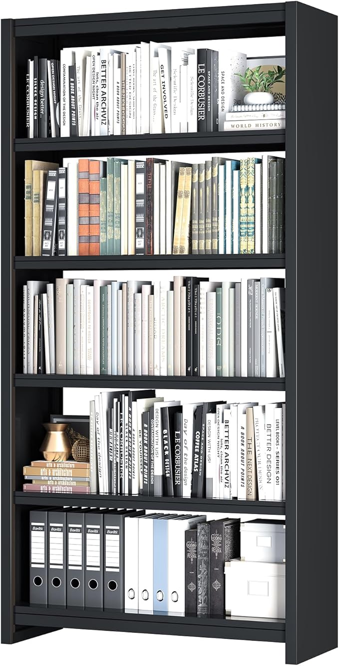 Bookshelf, 5 Shelf Bookcases, Tall Bookcase for Heavy Books, CDs, Movies, Garage Kit, Modern Display Shelf for Library Home Office Bderoom Living Room, Metal Bookshelves Industrial Black-Ruum Studio Home
