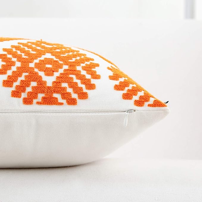 HWY 50 Orange Decorative Throw Pillow Covers 18x18 Inch, Pack of 2 Embroidered Cotton Farmhouse Cushion Cover Pillow Case for Sofa Couch Living Room Bed Bedroon, Modern Diamond Geometric-Ruum Studio Home