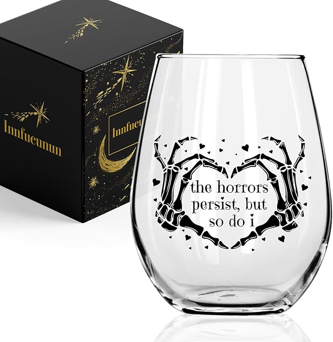 The Horrors Persist But So Do I Wine Glass,Skeleton Heart Hands,Funny Halloween&Valentine's Day Wine Glass,15oz-Ruum Studio Home