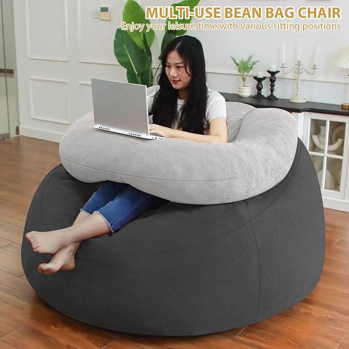 HABUTWAY Bean Bag Chair with U-Shaped Pillow for Adult and Kids Big BeanBag Chair with Filling Ultra Soft Teddy Fleece Couch Chair with Washable Cover for Living Room Bedroom, Dark Grey & Light Grey-Ruum Studio Home