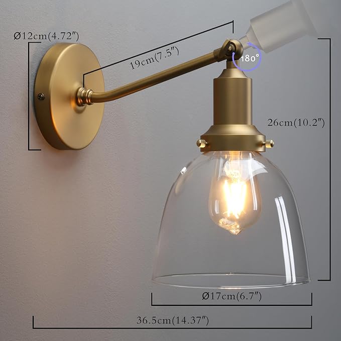 PERMO Industrial Vintage Slope Pole Wall Mount Single Sconce with 6.7" Oval Dome Clear Glass Shade Wall Sconce Light Fixture (Antique Gold)-Ruum Studio Home