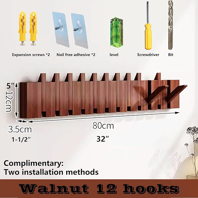 Wall Mounted Piano Key Hanger | Flip Style Hook | Entrance Wall Art Hook, Made of Oak Wood (3 Times Painted, 4 Times Polished) (Walnut, 12Hooks)-Ruum Studio Home
