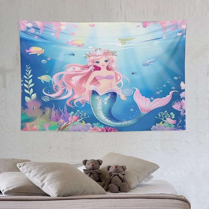 HZOHNAGO Mermaid Girls Tapestry Watercolor Mermaid Princess Pattern Printed Wall Tapestry Wall Hanging for Bedroom Living Room Dorm 60" W x 40" H-Ruum Studio Home