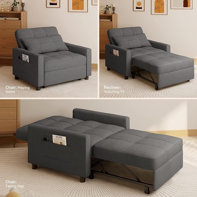 Noelse Convertible Futon Sofa Bed, 3-in-1 Multi-Functional Sleeper Chair Bed, Adjustable Backrest Recliner with Modern Linen Fabric for Living Room Bedroom Apartment Small Space, Dark Grey-Ruum Studio Home