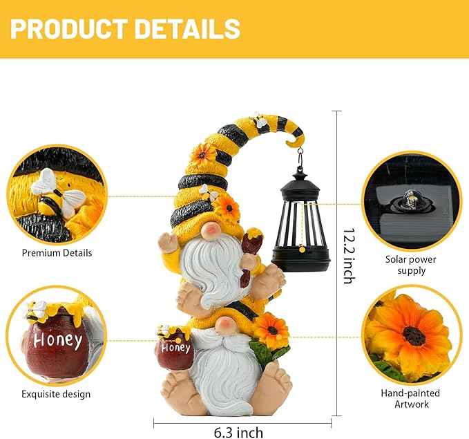 Solar Bee Garden Gnomes with LED Lantern – Waterproof Stacked Outdoor Decor for Yard, Patio – Unique Gnome Gift for Mom, Grandma, Women (Weatherproof Resin Outdoor Statues)-Ruum Studio Home