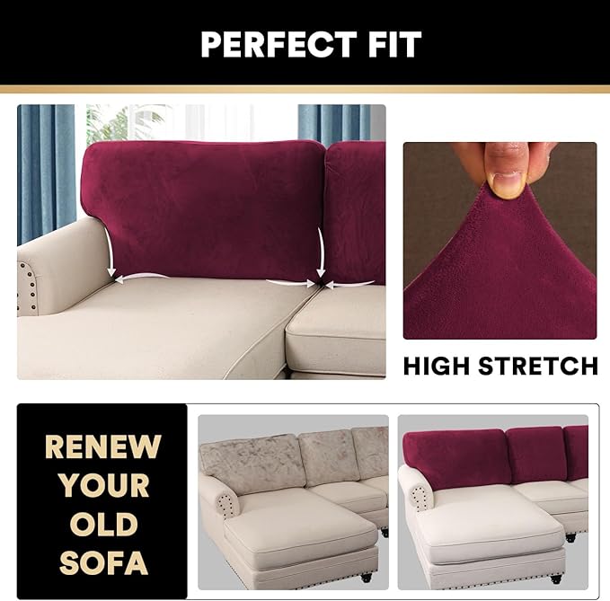 PrinceDeco Velvet Cushion Covers for Sectional Couch, 3 Back Cushion, Burgundy-Ruum Studio Home