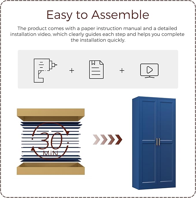 71" Metal Pantry Cabinet, Tall Kitchen Pantry Storage Cabinet with 4 Adjustable Shelves and Gold Handles, Blue Cupboard for Kitchen, Dining Room, Living Room-Ruum Studio Home