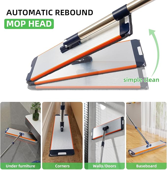 Mop and Bucket Set with Wringer for Home, 360° Flat Squeeze Mop with Long Handle and 6 Microfiber Cloths for Floor Cleaning (White+Blue, Slim Bucket and 15.7'' Aluminum Alloy Mop Head)-Ruum Studio Home