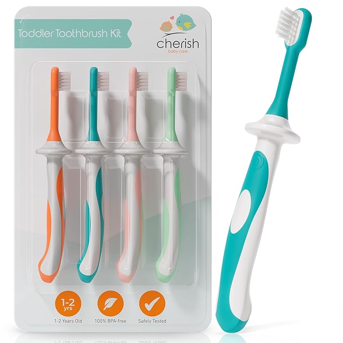 Cherish Baby Care Toddler Toothbrushes 1-2 Years (4-Pack) - BPA-Free & Safety-Tested Kids Toothbrush Kit, Designed by a Pediatric Dentist, Soft-Grip Toothbrush for Kids, My First Toothbrush Set-Ruum Studio Home