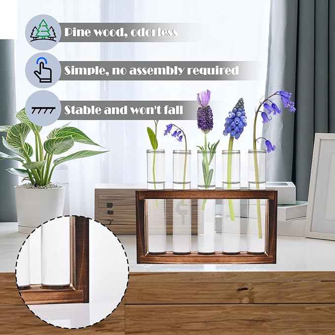 Desktop Glass Plant Propagation Station with 5 Test Tubes in Wooden Stand - Hydroponic Plants Cutting Office Home Decoration and Garden Decor Terrarium (5 Tubes)-Ruum Studio Home