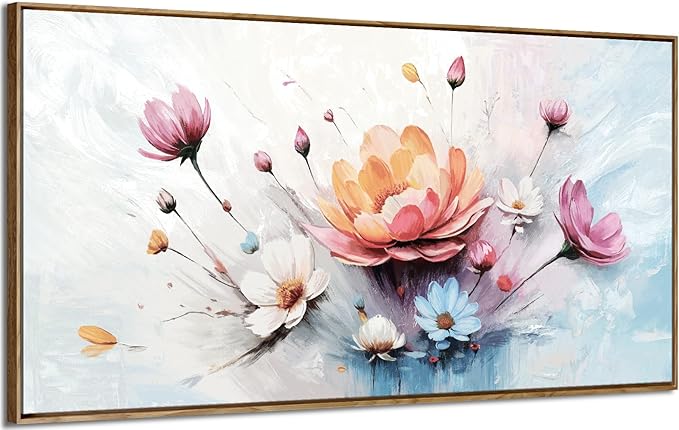 amatop Framed Floral Canvas Wall Art Picture Large Pink Blue Abstract Bloom Bouquet Print with Daisy Peony Elegant Botanical Nature Artwork for Living Room Bedroom Dining Room Entryway Decor 48x24 inch-Ruum Studio Home