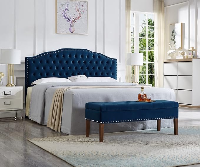 24KF Upholstered Button Tufted King Headboard with Nailhead Trim, Soft Velvet Fabric Headboard King/CA King - Navy-Ruum Studio Home