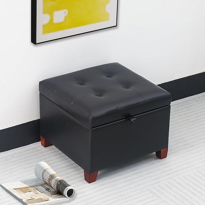 Adeco Faux Leather Storage Ottoman with Hinged Lid, 14 Inch High Black Square Cube Foot Stool with Storage, Upholstered Vanity Stool with Solid Wood Legs for Living Room, Bedroom, Dorm-Ruum Studio Home