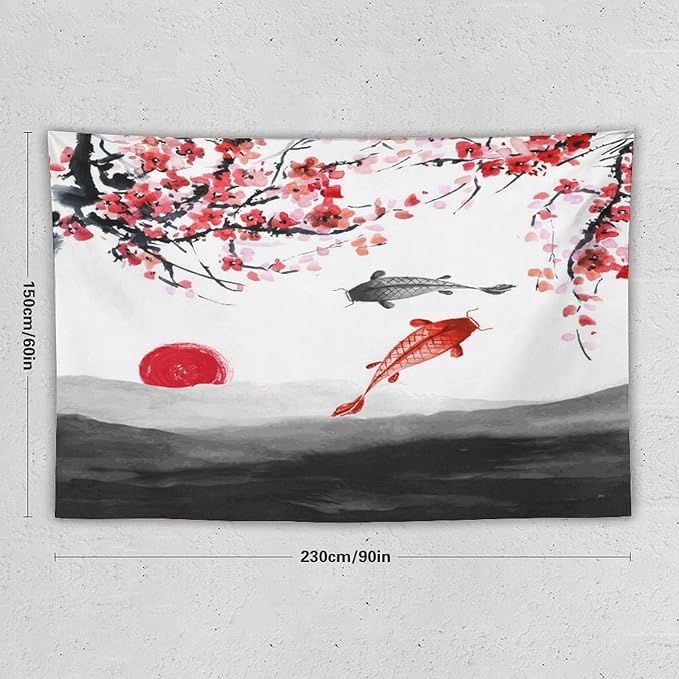 Houselerax Japanese Koi Fish Tapestries, Cherry Blossoms Asian Oriental Flower Branch Koi Fish Carp Tapestry Wall Hanging for Bedroom Living Room Office Decor 90"x60"-Ruum Studio Home