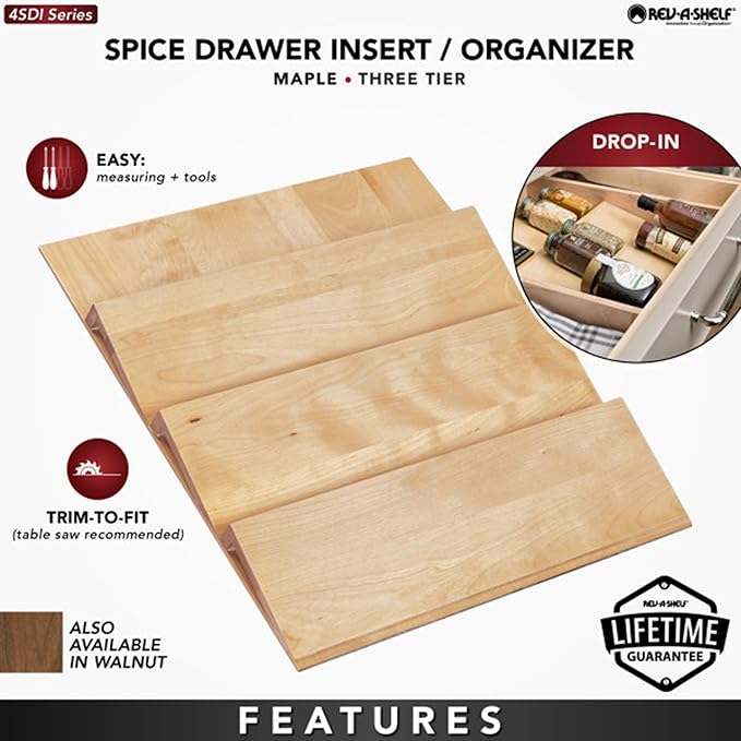 Rev-A-Shelf 16" 3 Tiered Seasoning Organizer, Trim-to-Fit Wooden Kitchen Draw and Cabinet Home Storage Insert, Pull Out Spice Rack, Maple, 4SDI-18-Ruum Studio Home