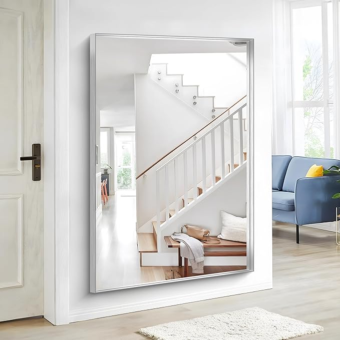Silver Bathroom Mirror, 60x40 Inch Rectangular Framed Mirror, Large Wall Mounted Bathroom Vanity Mirror Over Sink for Bedroom,Restroom, Living Room, Hangs Vertically or Horizontally-Ruum Studio Home