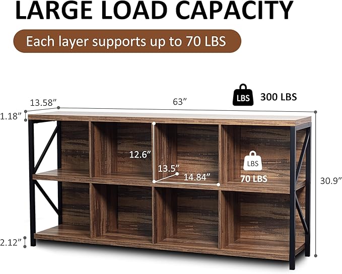 8 Cube Storage Organizer Bookshelf, Industrial Horizontal Bookcase, Accent Cubby Shelf, Media Console Table for Living Room, Home Office, 63 Inches, Light Oak-Ruum Studio Home
