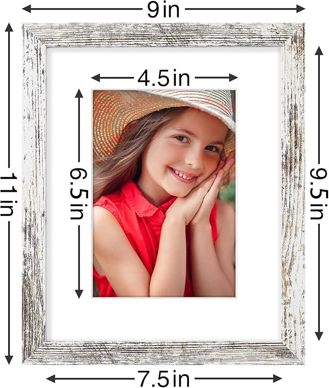 Vittanly 8x10 Picture Frames Set of 9, Shatter Resistant Plexiglass, Display 5x7 Pictures with Mat or 8x10 without Mat, Photo Frames for Wall or Tabletop, Engineered Wood, Distressed White-Ruum Studio Home