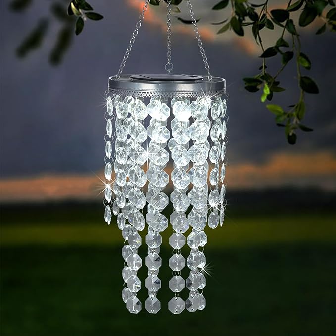 Hanging Solar Lantern Outdoor, 2 Tiers 21” Solar Transparent Acrylic Beaded Chandelier with Cool White LED S Hooks for Garden Yard Patio Gazebo Outside Decor-Ruum Studio Home