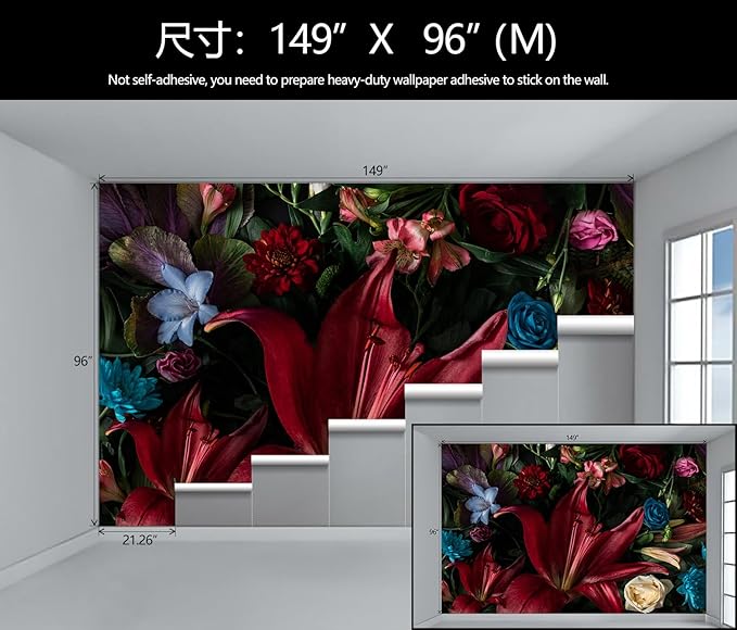 Large Dark Floral Wallpaper Colorful Spring Flowers Background Wall Mural (Not Peel and Stick)-Ruum Studio Home