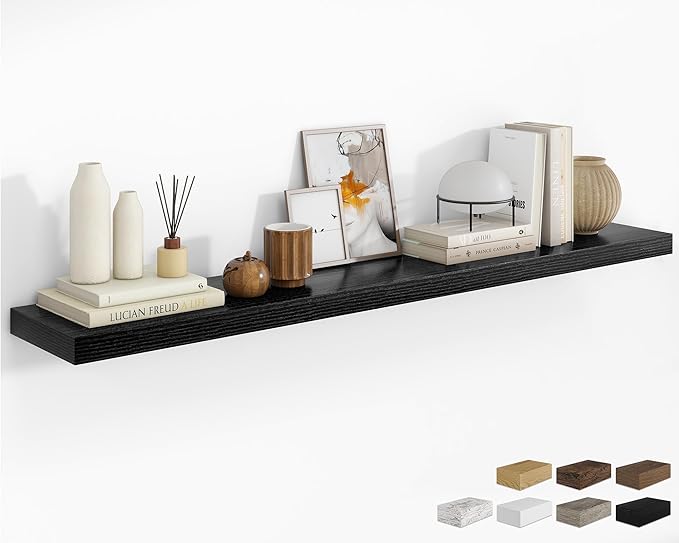 RICHFOCUS 72Inch Floating Shelves for Wall 1 Pack Shelves for Bedroom|Kitchen|Bathroom Wall Mounted Rustic Wood Floating Shelf with Invisible Brackets for Books|Storage|Decor, Black-Ruum Studio Home