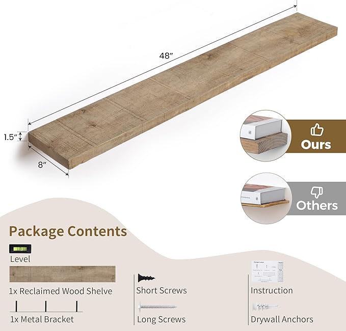 Floating Shelves - 8" Deep Rustic Reclaimed Barnwood Wall Hanging Shelves with Invisible Heavy-Duty Metal Bracket - Wall Mounted - Farmhouse Style - 48 inches, Distressed Natural-Ruum Studio Home