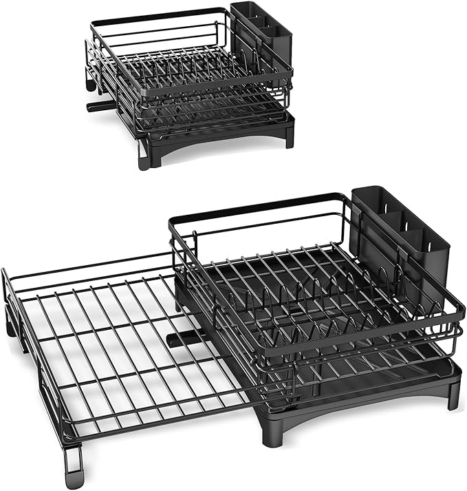 Dish Drying Rack - Extendable Dish Rack, Large Sink Drying Dish Drainer for Kitchen Counter, Stainless Steel Dish Strainer with Utensil Holder (Black)-Ruum Studio Home