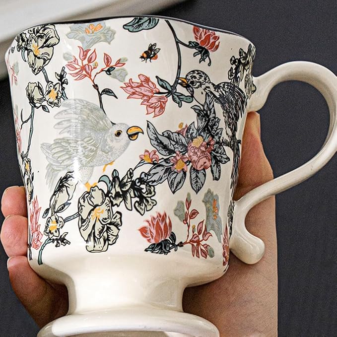 360ml -12.17oz Painted Floral & Bird Ceramic Mug - Cute Coffee Cup for Latte, Espresso - Gift for Women, Dishwasher Safe-Ruum Studio Home