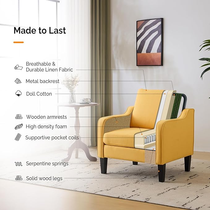 VINGLI Accent Chairs Set of 2 Living Room Chairs Yellow Reading Chair for Bedroom Scooped Arm Chair Mid Century Modern Accent Chairs Upholstered Comfy Chair for Apartment, Waiting Room-Ruum Studio Home