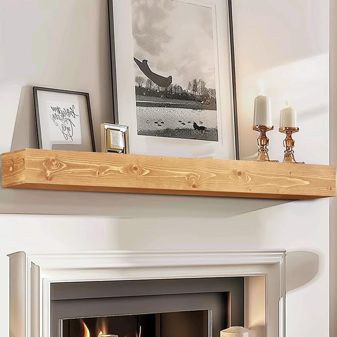 72x8x5 Fireplace Mantel - Handcrafted Rustic Solid Wood Wall Mounted Floating Shelf with Invisible Heavy Duty Wood Bracket (Natural)-Ruum Studio Home