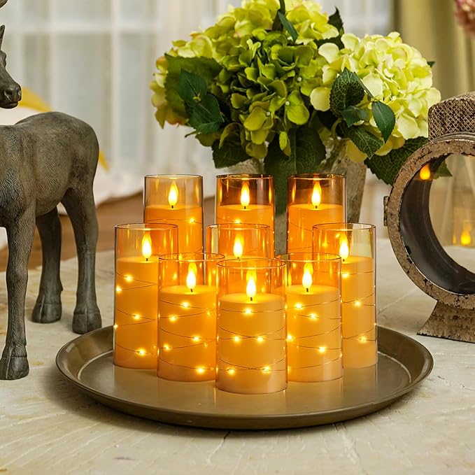 Homemory 9 Pcs Flameless Candles with Embedded Star String Fairy Lights, Battery Operated Candles, LED Candle, Fake Candles with Remote Control and Timer (Gold)-Ruum Studio Home