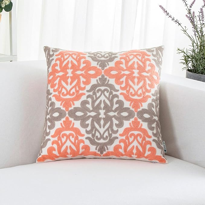 HWY 50 Coral Pink Decorative Throw Pillow Covers 18x18 Inch (1 Piece), Embroidered Cotton Farmhouse Cushion Cover Pillow Case for Sofa Couch Living Room Bed Bedroon, Floral Geometric-Ruum Studio Home