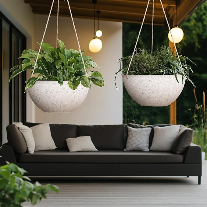 LA JOLIE MUSE Large Hanging Planters for Outdoor Plants - 13 Inch Hanging Flower Pots Set of 2, Speckled White-Ruum Studio Home