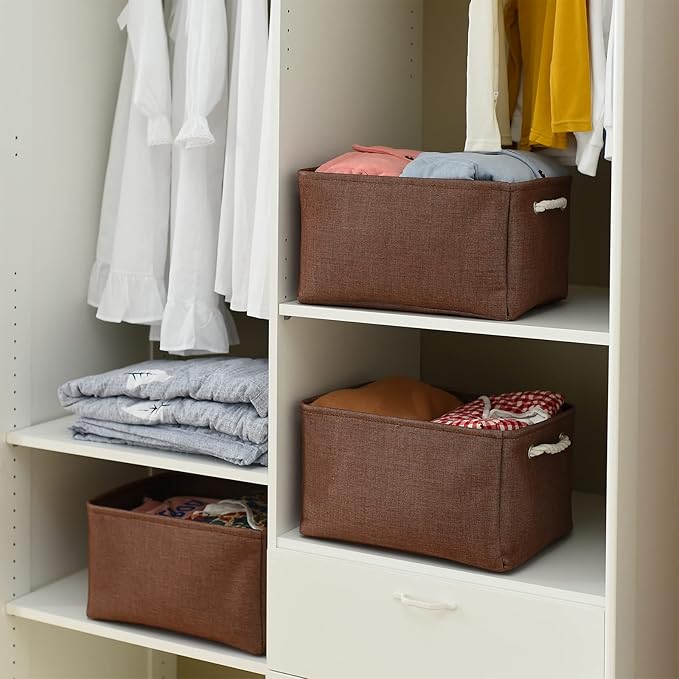 TheWarmHome Decorative Basket Rectangular Fabric Storage Bin Organizer Basket with Handles for Clothes Storage (Brown,Large-3Pack,15.7L*11.8W*8.3H)-Ruum Studio Home