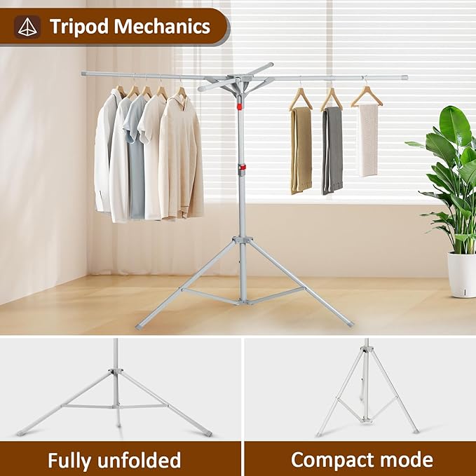 Tripod Drying Rack Height Adjustable, 2025 Upgraded Foldable Portable Standing Drying Rack,Carbon Steel Material Drying Rod, Easy to Install,Use for Indoor and Outdoor Clothes, Towel Drying-Ruum Studio Home