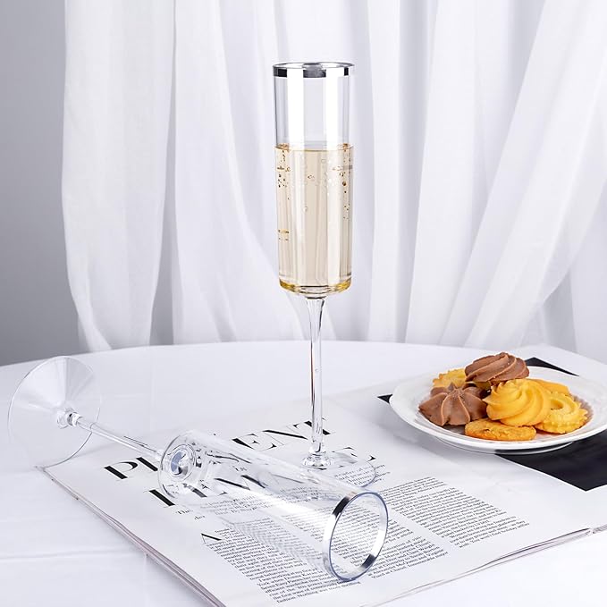Ciaell 24 Pack Silver Plastic Champagne Flutes - 6 Oz Disposable Champagne Glasses - Square Silver Rim Plastic Toasting Glasses for Party Birthday Anniversary Wedding-Ruum Studio Home