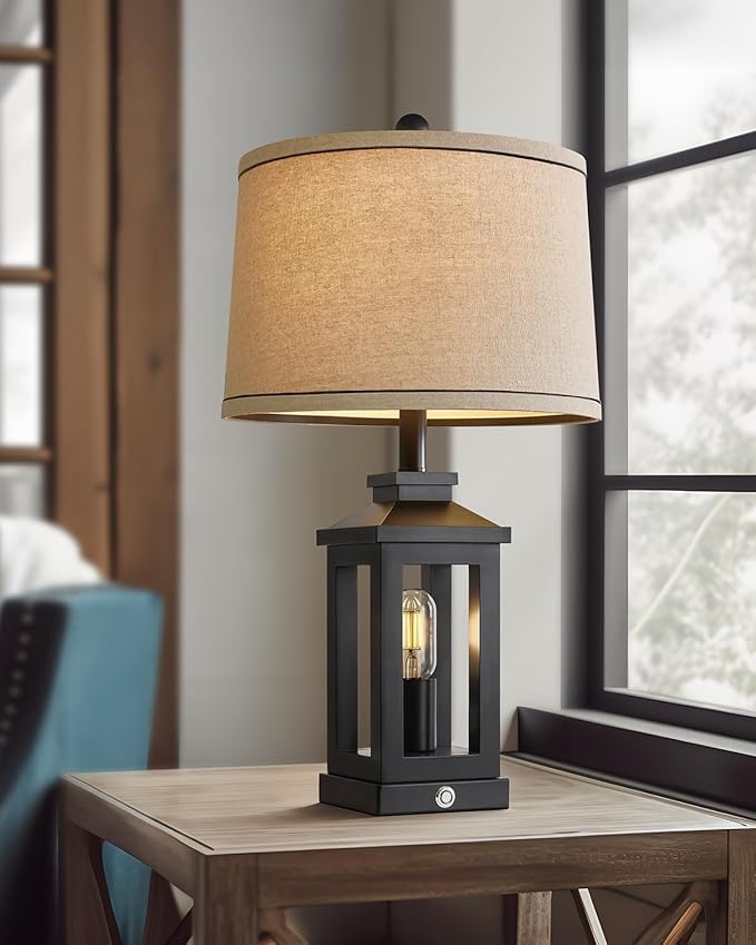23.75" Retro Farmhouse Black Table Lamp for Living Room Bedroom Nightstand Single Pack Touch Control Bedside Nightlight Vintage Modern Lamp with USB C+A Ports and 2 Light Sources-Ruum Studio Home