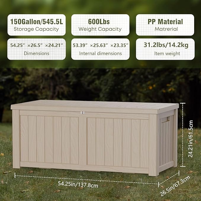 150 Gallon Outdoor Storage Box Waterproof Lockable Resin Deck Box Large, Patio Storage Bin for Pool Accessories Cushion Furniture, Garden Tools, UV-Resistant Outside Delivery Grey-Ruum Studio Home