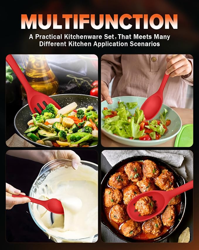 Silicone Cooking Spoons, Great for Scooping Sides and Serving Hearty Stews, BPA-Free Matte Silicone, Wooden Handle Serving Spoon for Nonstick Cooking Surfaces (Red)-Ruum Studio Home