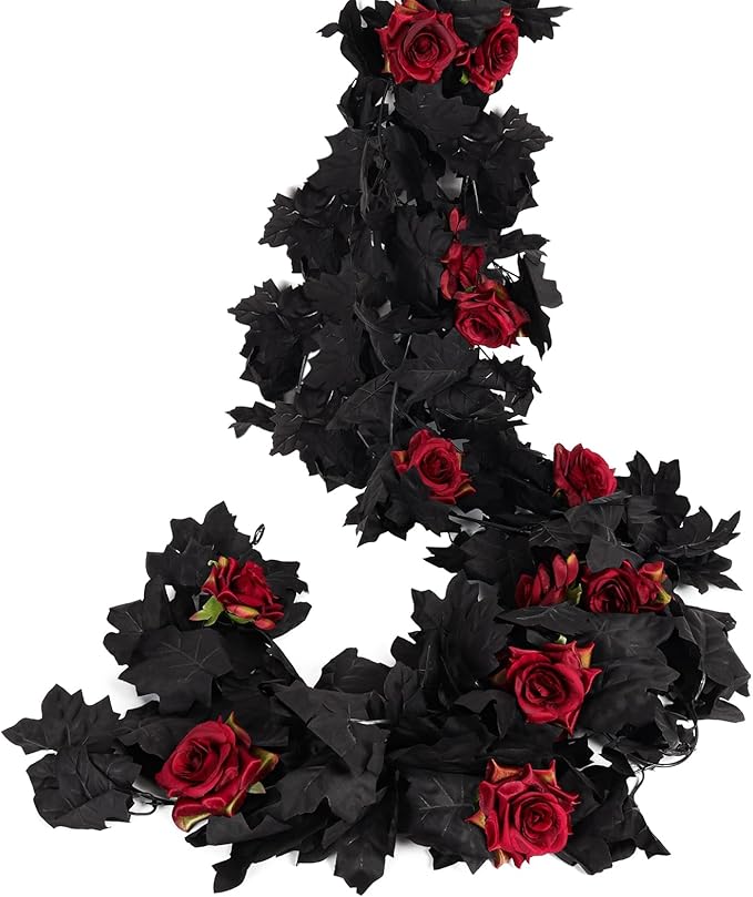 Artificial Black Garland Hanging Vine Artificial Floral Vines Fall Garland Hanging Flower Fake Rose Vines for Black and Burgundy Wedding Decor Halloween Indoor Outdoor Party Wall (Red Rose)-Ruum Studio Home