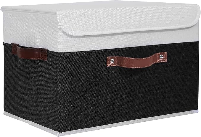 ANMINY Storage Boxes with Lids Washable Decorative Storage Bins Basket with PU Leather Handle Foldable Linen Fabric Storage Cubes Containers for Home Closet Organizer - Black White, Large Size-Ruum Studio Home