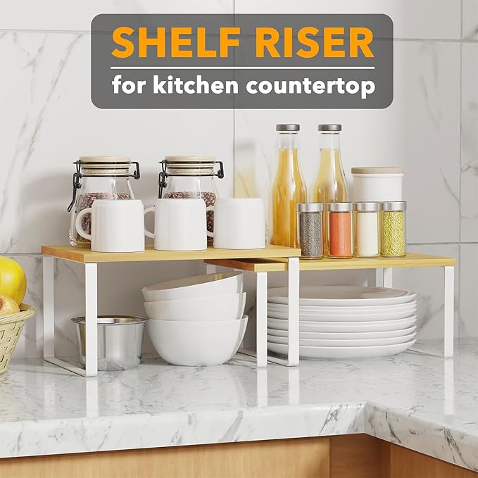 SpaceAid Cabinet Shelf Organizers 2 Pack, Kitchen Counter Rack Shelves Riser, Stackable Expandable Spice Rack, Pantry Cupboard Storage Organization (White and Natural, Short)-Ruum Studio Home