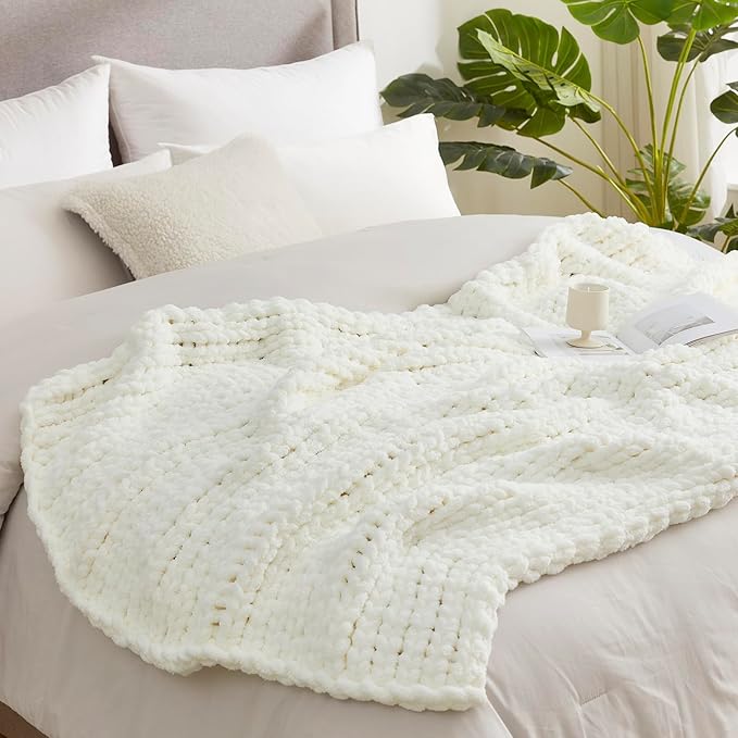 Amélie Home Chunky Knit Throw Blanket for Couch, Soft Chenille Crochet Blanket for Children, 40"x50", Ivory-Ruum Studio Home